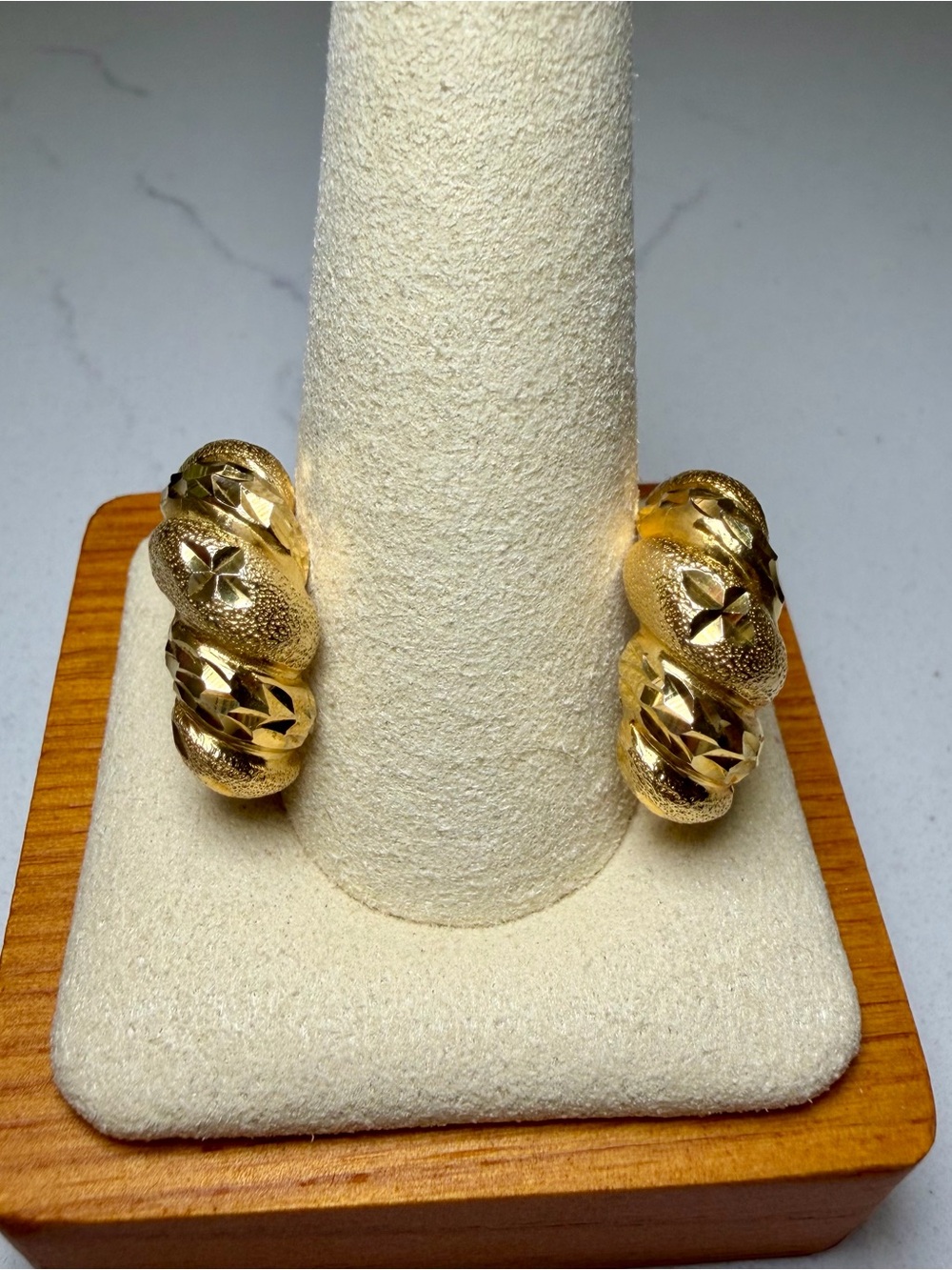 Vintage 14k Gold Textured Hoop Earrings View 2